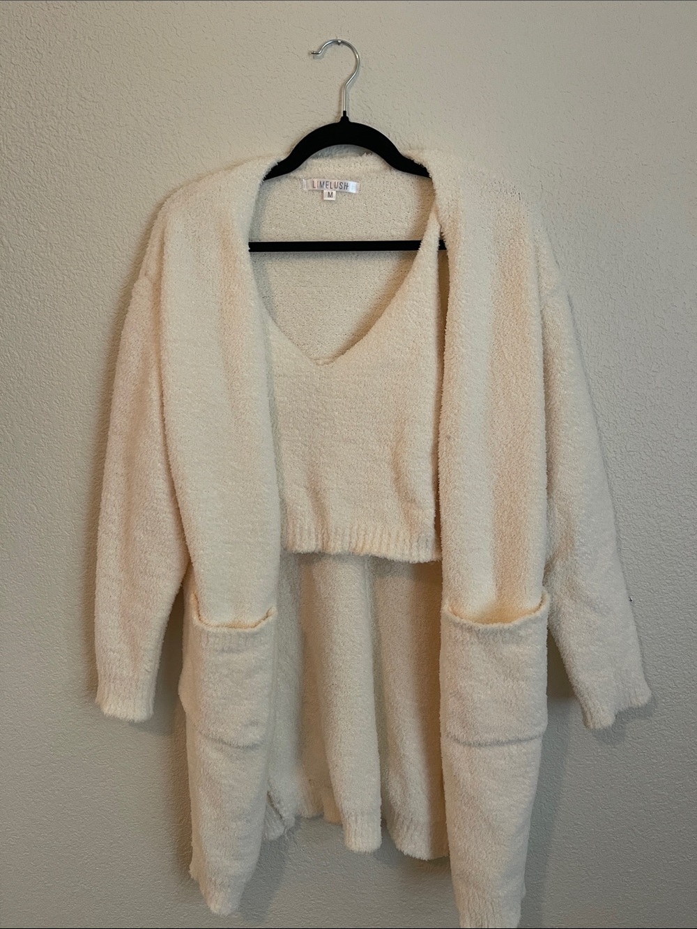 Cream Plush Open-Front Cardigan with Cropped V-Neck Sweater